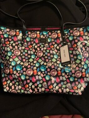 Nine West Black Tote with Colorful Gemstone Print & 2 matching pouches